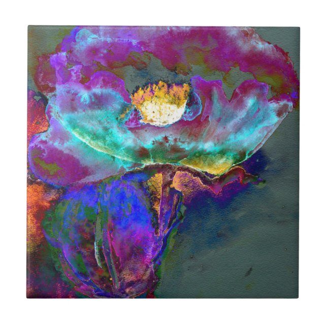 Carreau Romantique élégant violet turquoise peinture de fl (Devant)