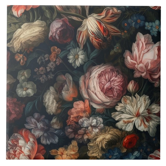 Carreau Romantique Elégante Baroque Fleurs Peinture à l'hu (Devant)