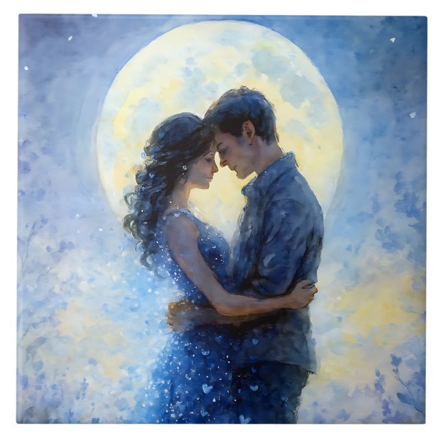 Carreau Romantique Moonlit Couple Aquarelle Art Dreamy Blu (Devant)