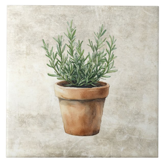 Carreau Romarin Pot d'Herbes Aquarelle Rustique (Devant)