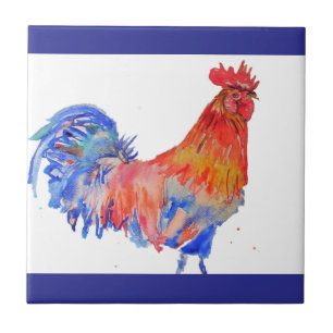 Carreau Rooster Aquarelle Rouge Jaune Bleu Poulet