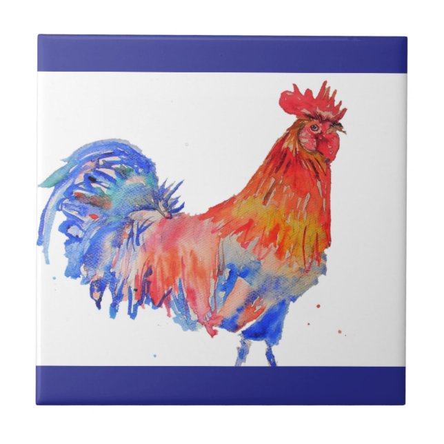 Carreau Rooster Aquarelle Rouge Jaune Bleu Poulet (Devant)