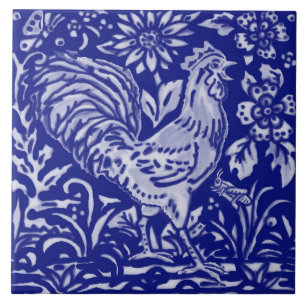 Carreau Rooster Bleu Poulet Floral Farmhouse Art Rustique