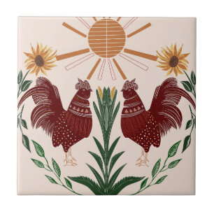 Carreau Rooster d'art populaire soleil symétrique concepti
