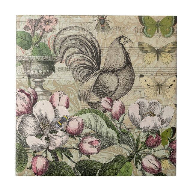 Carreau Rooster Garden Flower Papillon Art (Devant)