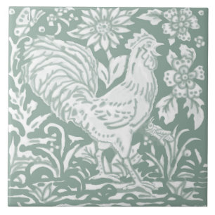 Carreau Rooster Sage Green Garden Scène Papillon de poulet