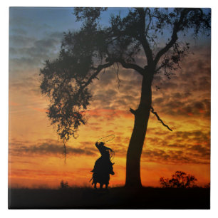 Carreau Roping Cowboy avec cheval Pays Ouest