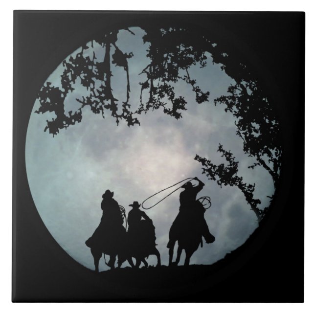 Carreau Roping Cowboys et Pleine lune Art Tile (Devant)