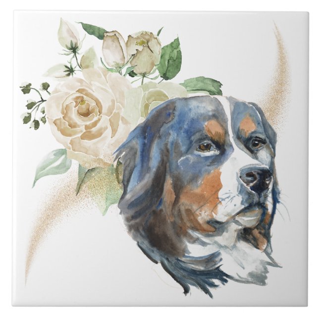 Carreau Rose blanche Bouquet Bernese Mountain Dog (Devant)
