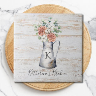 Carreau Rose de monogramme rustique en coton d'eucalyptus 