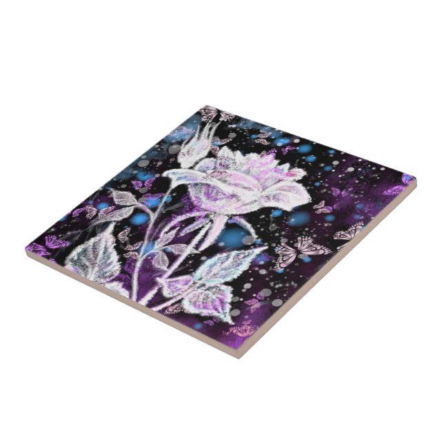 Carreau Rose d'hiver et papillons Peinture en céramique Ca (Côté)