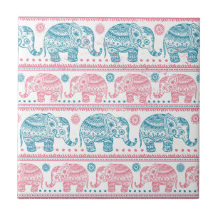 Carreau Rose et motif ethnique turquoise d'éléphant