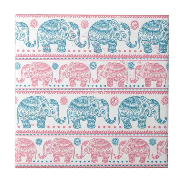 Carreau Rose et motif ethnique turquoise d'éléphant (Devant)