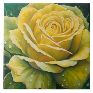 Carreau Rose jaune florissante avec gouttes d'eau