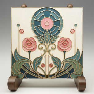 Carreau Rose Mackintosh Art Nouveau Faux Vitrail