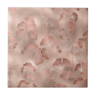 Carreau Rose Pâle Or Feuilles de Ginkgo Élégant Botanique