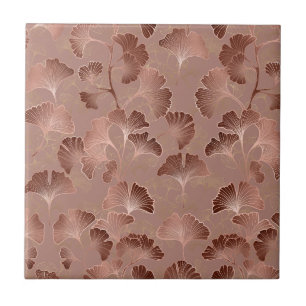 Carreau Rose Pâle Or Feuilles de Ginkgo Élégant Botanique