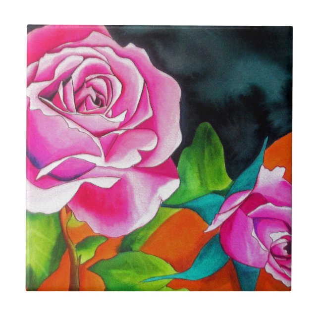 Carreau Rose rose avec aquarelle orange (Devant)