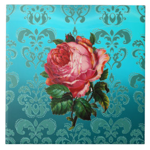 Carreau ROSE ROSE ROSE SUR DOMMASQUE BLEU TURQUOISE Floral