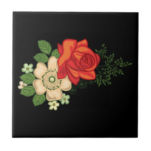 Carreau Rose rouge et marguerites sur fond noir