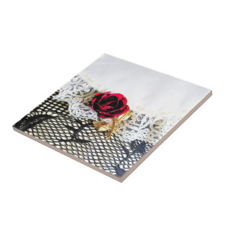 Carreau Rose rouge romantique et dentelle blanche
