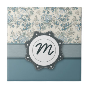 Carreau Roses bleus et crèmes avec le monogramme