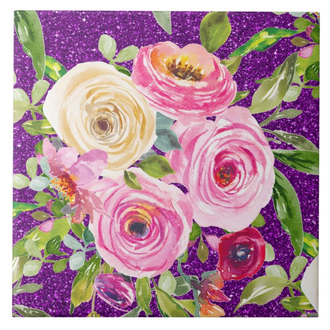 Carreau Roses d'aquarelle en Parties scintillant rose et c (Devant)