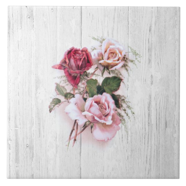Carreau Roses élégantes rose et rouge sur bois blanchi à l (Devant)