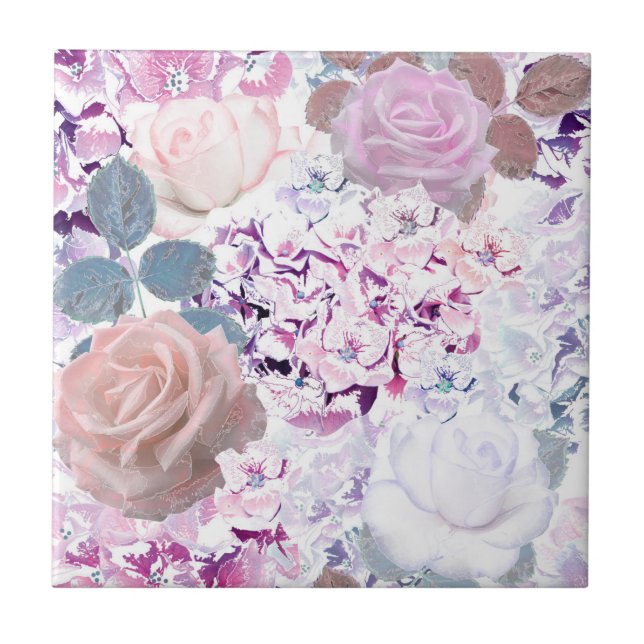 Carreau Roses et hydrangeas à l'aquarelle. (Devant)