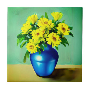 Carreau Roses jaunes dans un Vase bleu Boho Art