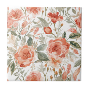 Carreau Roses orange aquarelle botanique corail floral