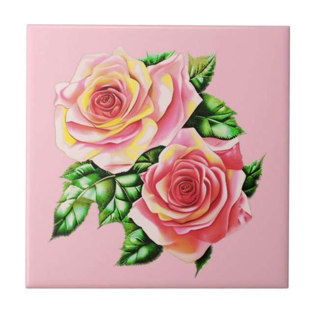 Carreau Roses roses corail rose avec Feuilles verts Jade (Devant)