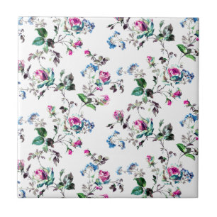 Carreau Roses roses et fleurs bleues Design floral