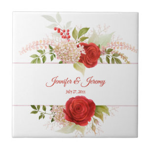 Carreau Roses rouges d'hiver et verdure Mariage Keepsaké  