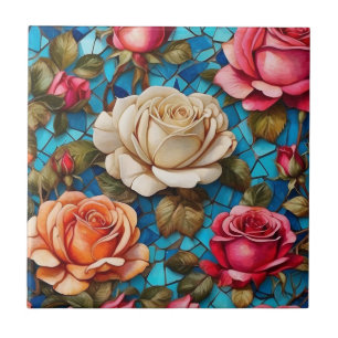 Carreau Roses vintages sur Arrière - plan de Mosaïque Bleu