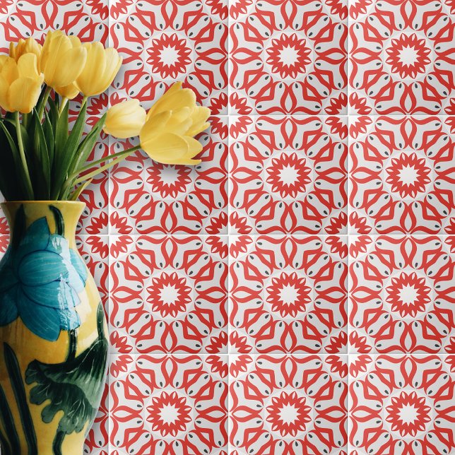 Carreau Rouge blanc gris ethnique Boho Chic Mosaïque géomé (Créateur téléchargé)
