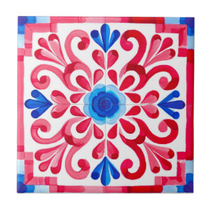 Carreau Rouge & Bleu Floral Traditionnel Mexicain Talavera