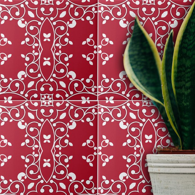 Carreau Rouge et blanc Élégant classique Motif baroque (Créateur téléchargé)