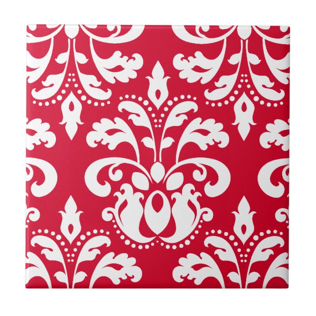 Carreau Rouge et blanc élégant damas de Noël (Devant)