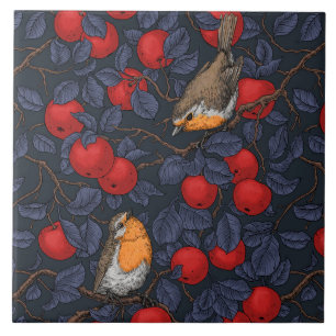 Carreau Rouge-gorges dans le pommier/bleu et rouge