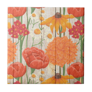 Carreau Rouge Orange Jaune Floral Blanc Marguerites Bois R