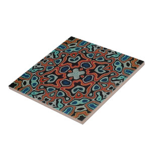 Carreau Rouge Orange noir Turquoise Bleu Ethnic Tribe Art