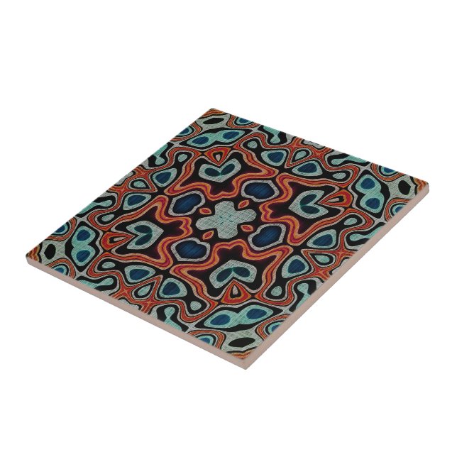 Carreau Rouge Orange noir Turquoise Bleu Ethnic Tribe Art (Côté)