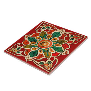 Carreau Rouge Vert Orange Jaune Azulejos Motif Floral