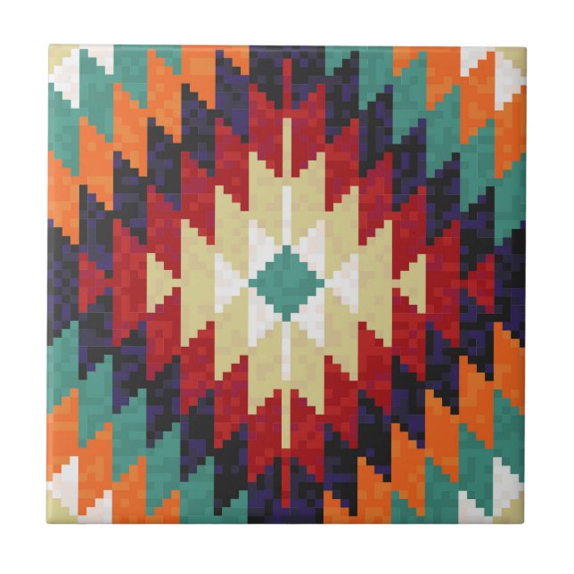 Carreau Rouge vert orange jaune noir blanc oriental Kilim (Devant)