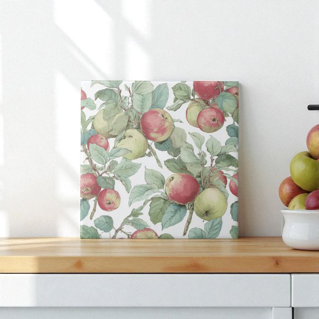 Carreau Rouge vert pomme Motif Aquarelle Russe (Red Green Apple Fruit Pattern Watercolor Rustic Ceramic Tile)