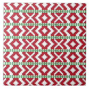 Carreau Rucava Rouge et vert art folklorique motif géométr