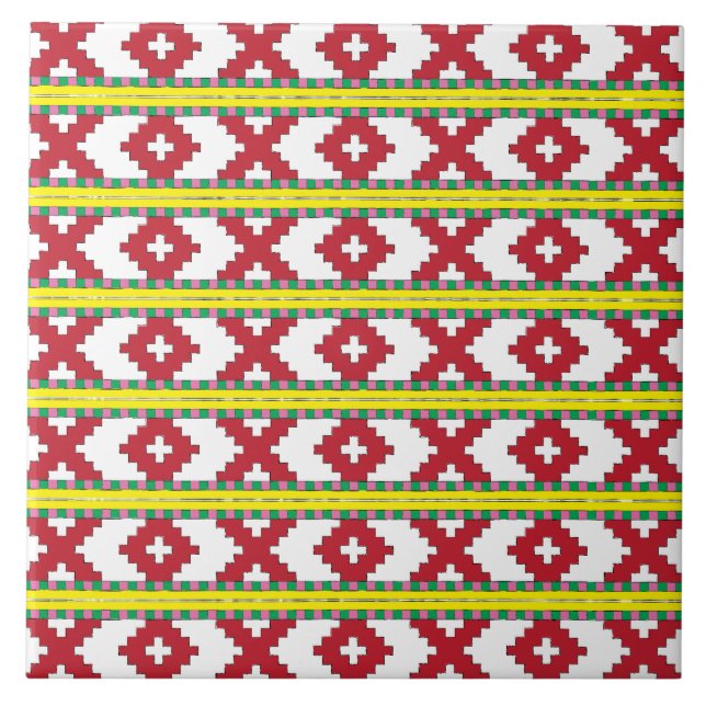 Carreau Rucava Rouge, jaune art folklorique motif géométri (Devant)