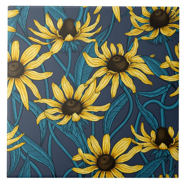 Carreau Rudbekia jaune sur la marine (Devant)