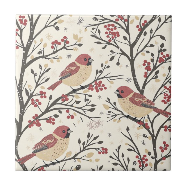 Carreau Rustic Bird et Poinsettia Motif de Noël (1) (Devant)
